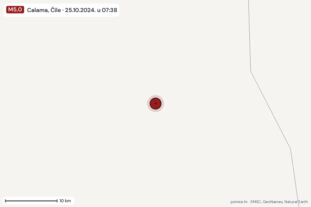 Karta: okolica epicentra, 60 km, potres M5,0, Calama, Čile, 25.10.2024.