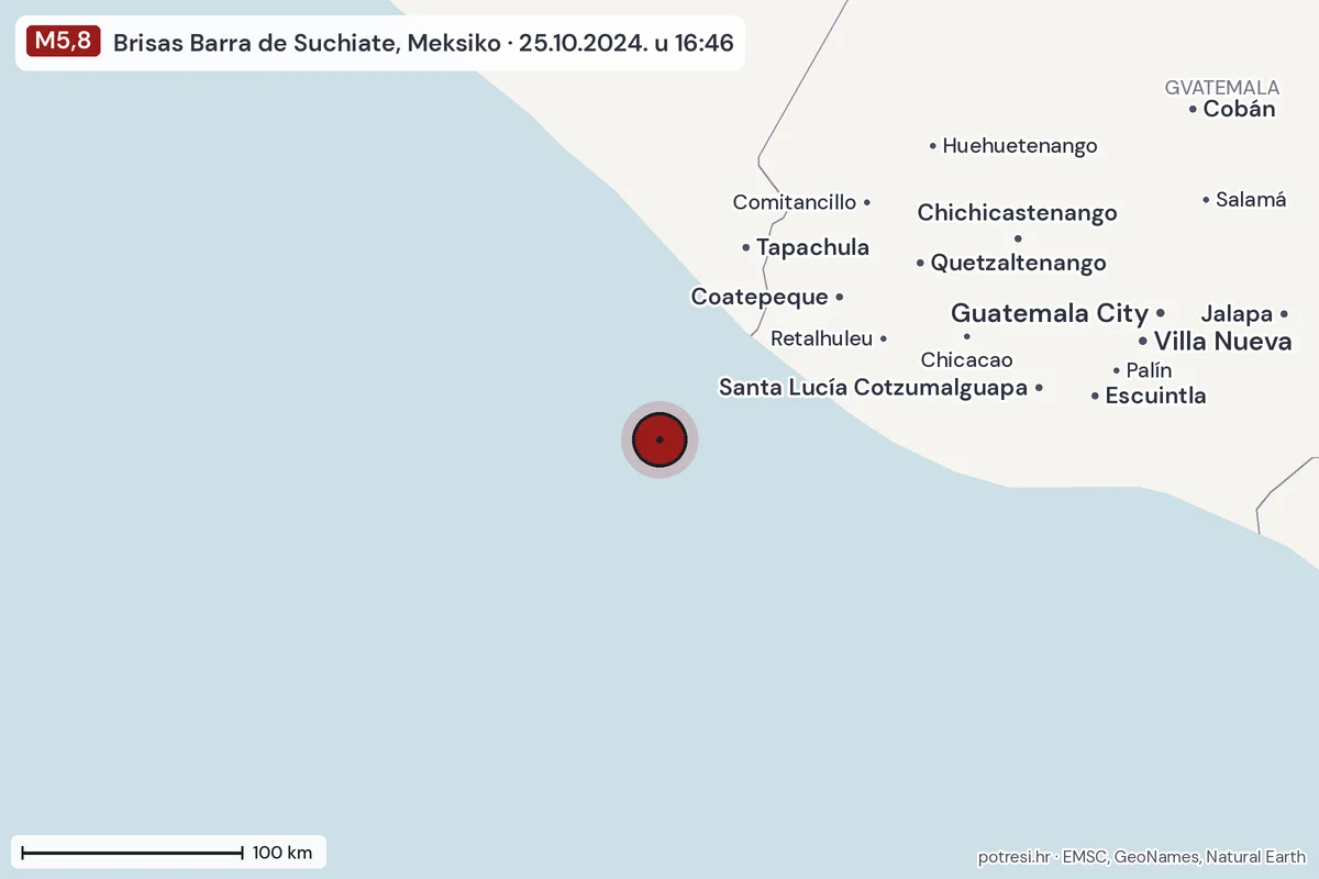 Karta: šire područje, 600 km, potres M5,8, Brisas Barra de Suchiate, Meksiko, 25.10.2024.
