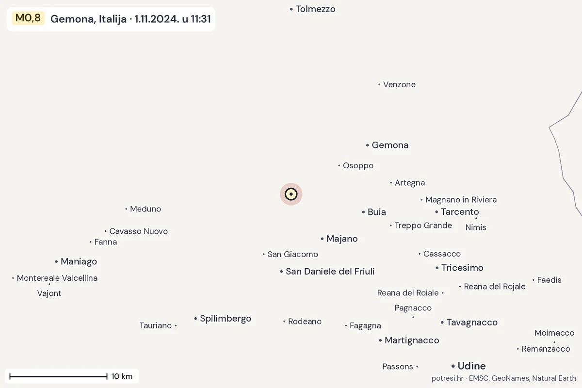Karta: okolica epicentra, 60 km, potres M0,8, Gemona, Italija, 1.11.2024.