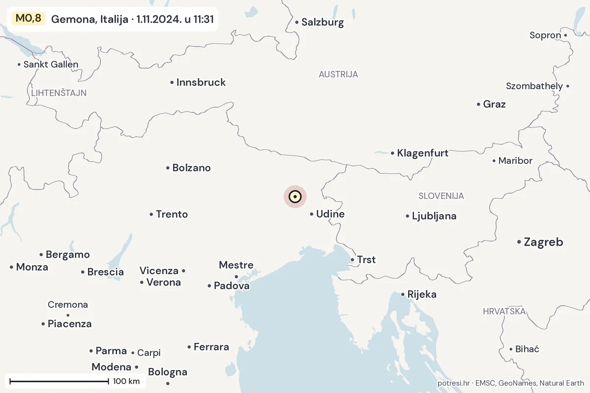 Karta: šire područje, 600 km, potres M0,8, Gemona, Italija, 1.11.2024.