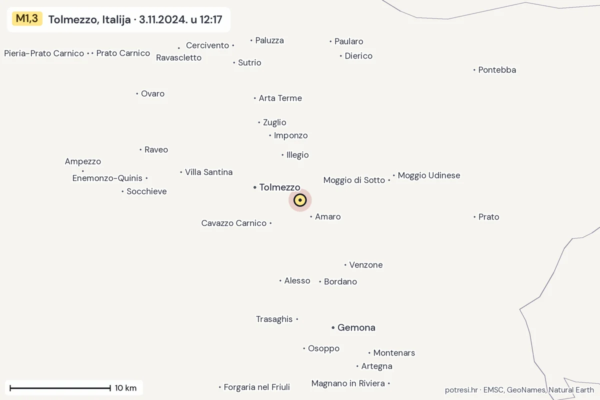 Karta: okolica epicentra, 60 km, potres M1,3, Tolmezzo, Italija, 3.11.2024.