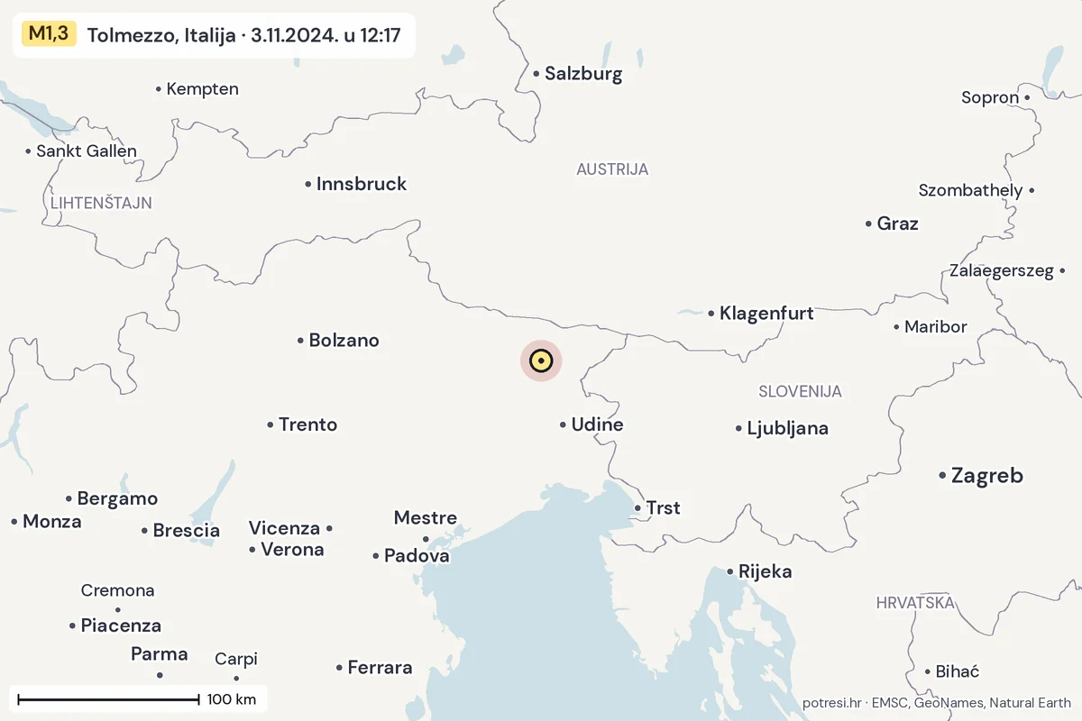 Karta: šire područje, 600 km, potres M1,3, Tolmezzo, Italija, 3.11.2024.
