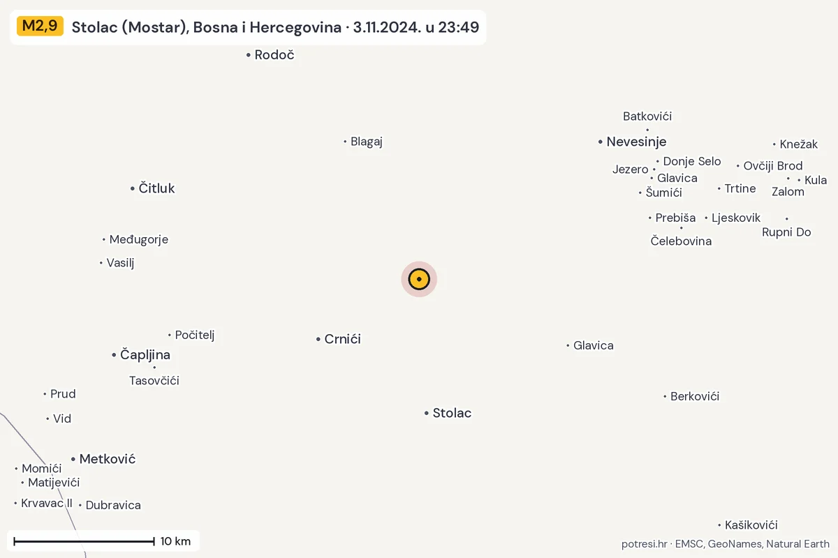 Karta: okolica epicentra, 60 km, potres M2,9, Stolac (Mostar), Bosna i Hercegovina, 3.11.2024.