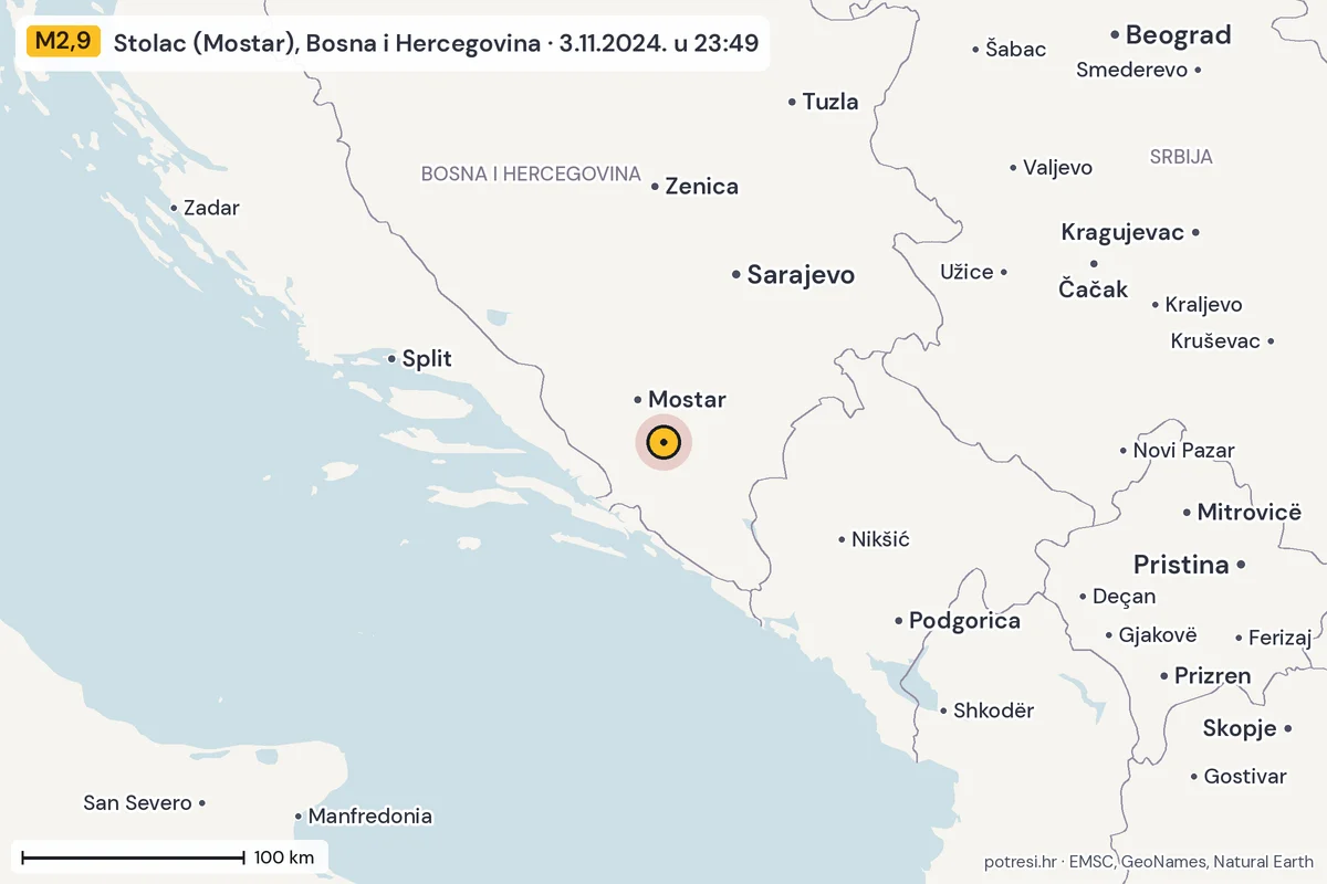 Karta: šire područje, 600 km, potres M2,9, Stolac (Mostar), Bosna i Hercegovina, 3.11.2024.