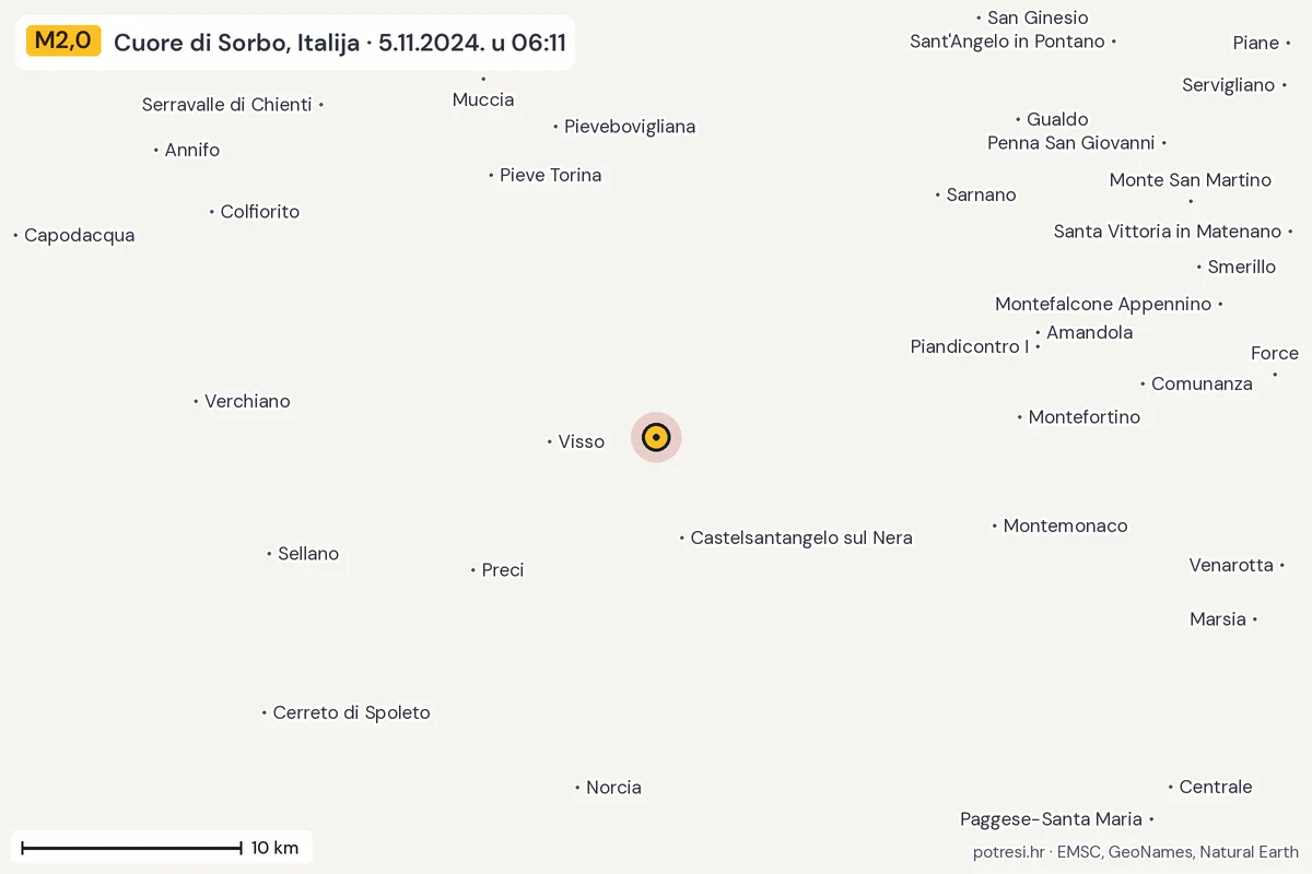 Karta: okolica epicentra, 60 km, potres M2,0, Cuore di Sorbo, Italija, 5.11.2024.
