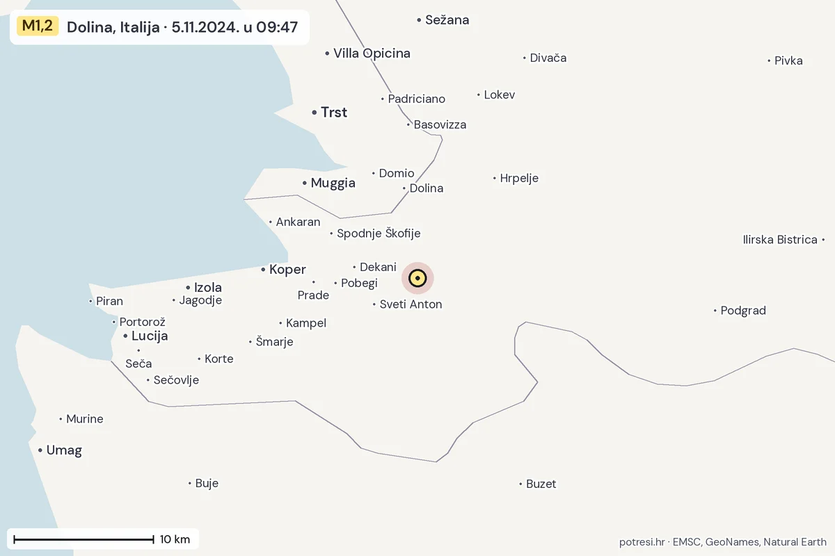 Karta: okolica epicentra, 60 km, potres M1,2, Dolina, Italija, 5.11.2024.