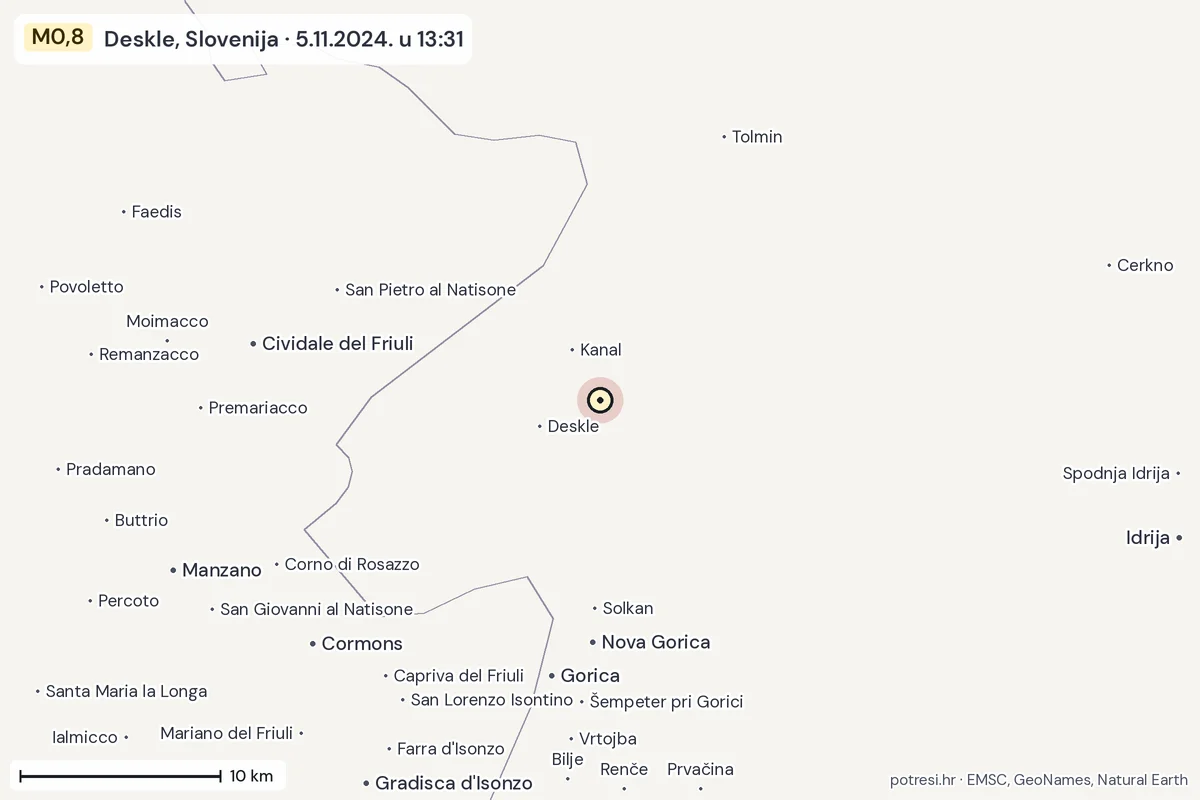 Karta: okolica epicentra, 60 km, potres M0,8, Deskle, Slovenija, 5.11.2024.