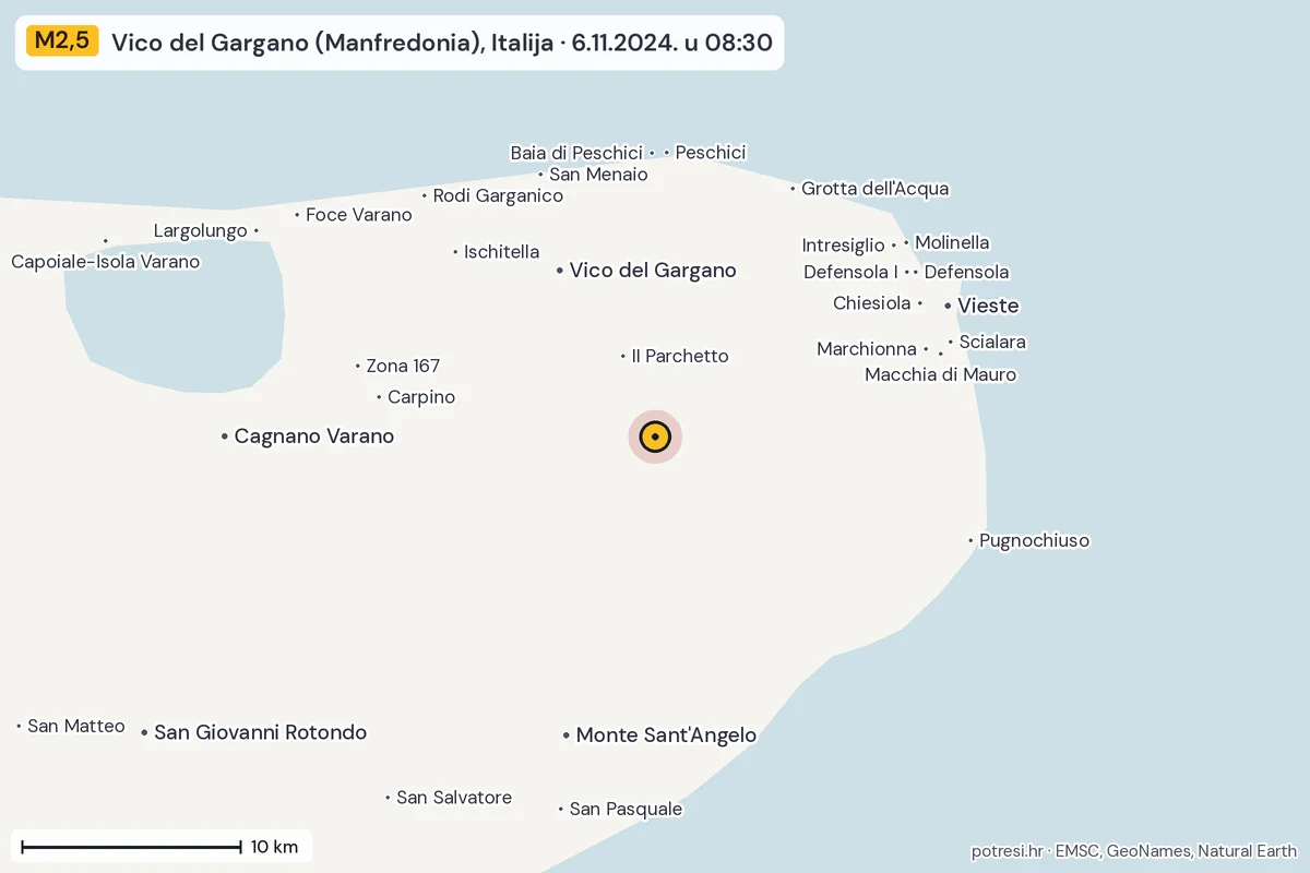 Karta: okolica epicentra, 60 km, potres M2,5, Vico del Gargano (Manfredonia), Italija, 6.11.2024.