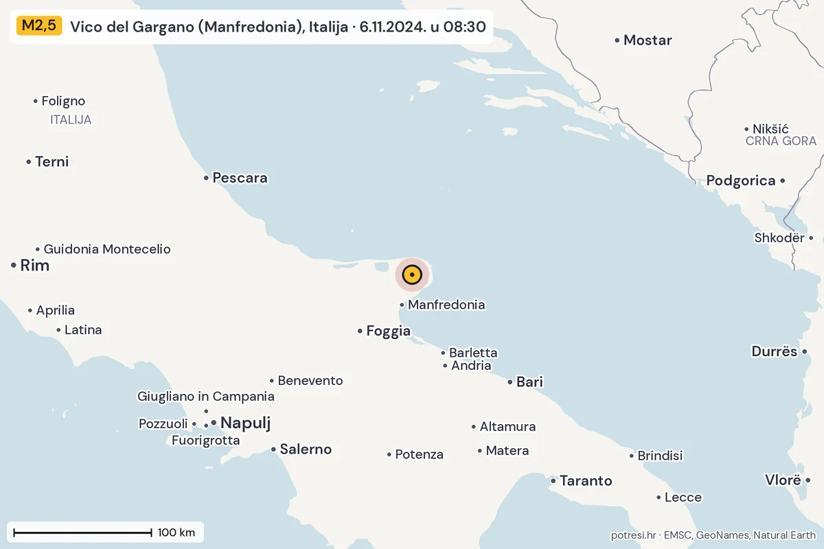 Karta: šire područje, 600 km, potres M2,5, Vico del Gargano (Manfredonia), Italija, 6.11.2024.