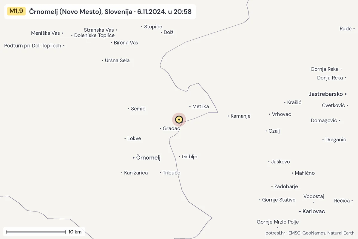 Karta: okolica epicentra, 60 km, potres M1,9, Črnomelj (Novo Mesto), Slovenija, 6.11.2024.