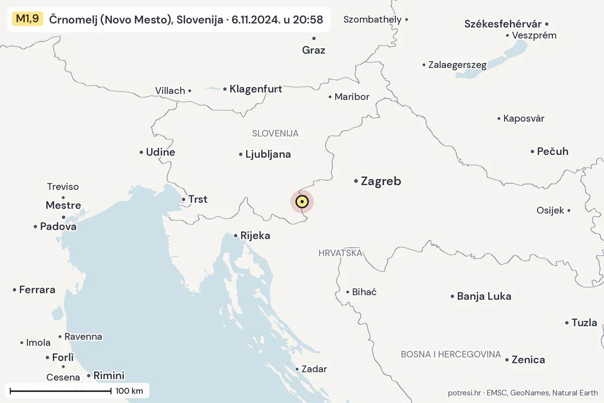 Karta: šire područje, 600 km, potres M1,9, Črnomelj (Novo Mesto), Slovenija, 6.11.2024.