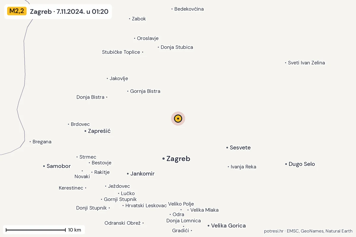 Karta: okolica epicentra, 60 km, potres M2,2, Zagreb, 7.11.2024.