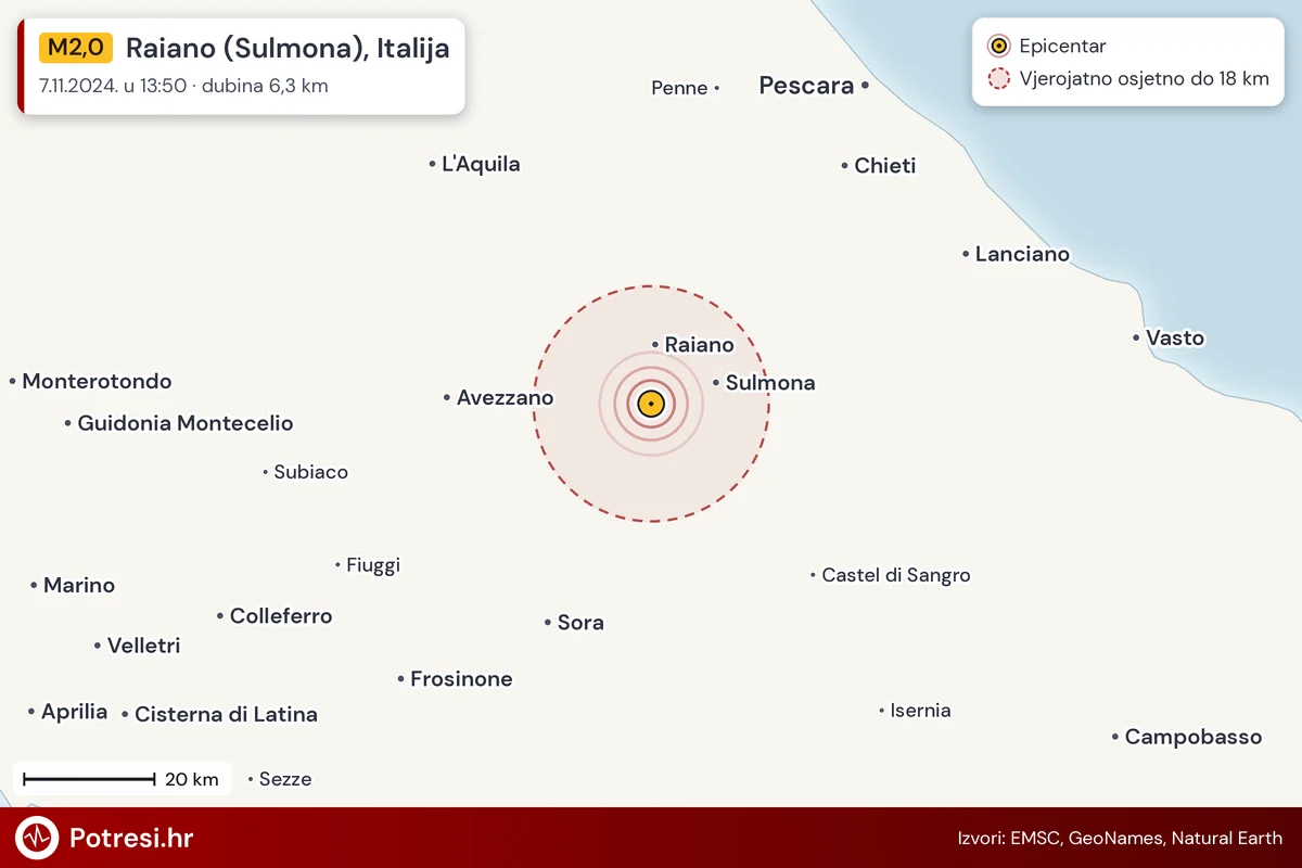Karta: šire područje i vjerojatni doseg osjeta, potres M2,0, Raiano (Sulmona), Italija, 7.11.2024.