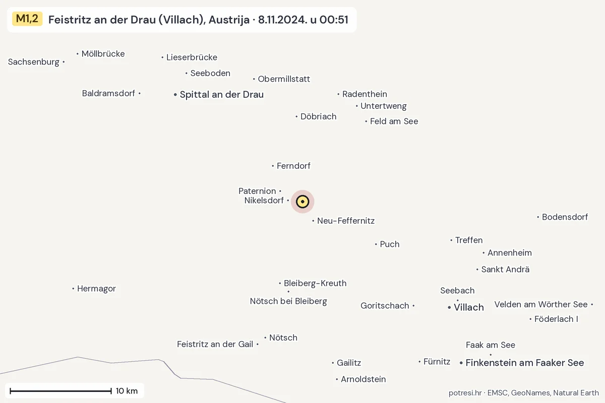 Karta: okolica epicentra, 60 km, potres M1,2, Feistritz an der Drau (Villach), Austrija, 8.11.2024.