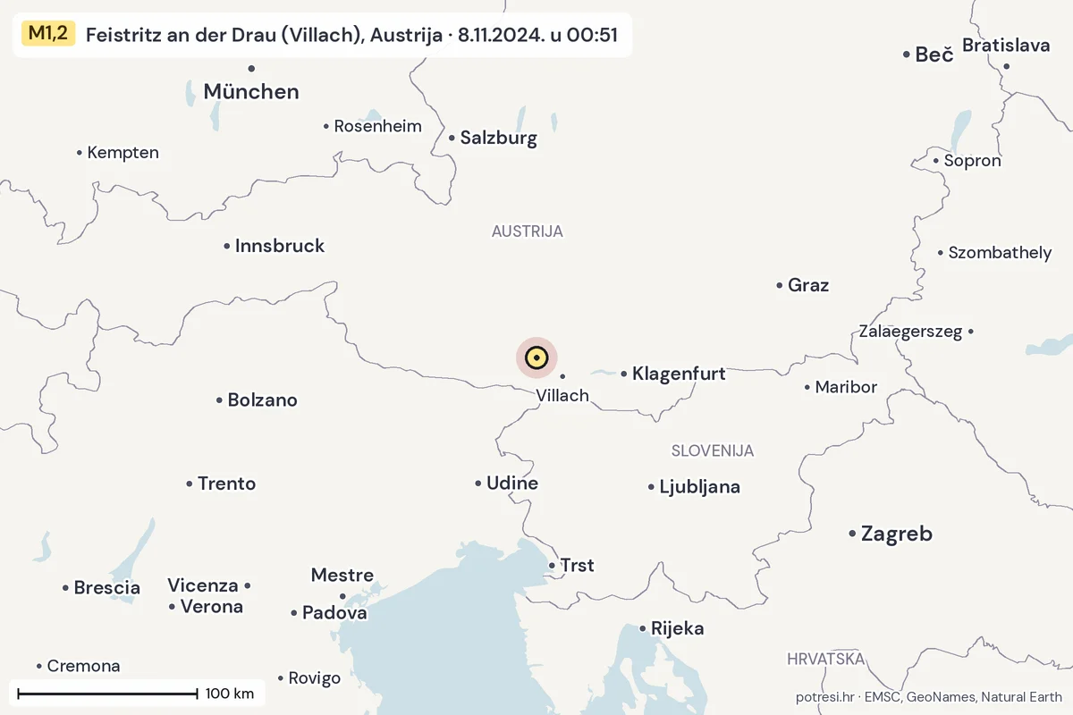 Karta: šire područje, 600 km, potres M1,2, Feistritz an der Drau (Villach), Austrija, 8.11.2024.
