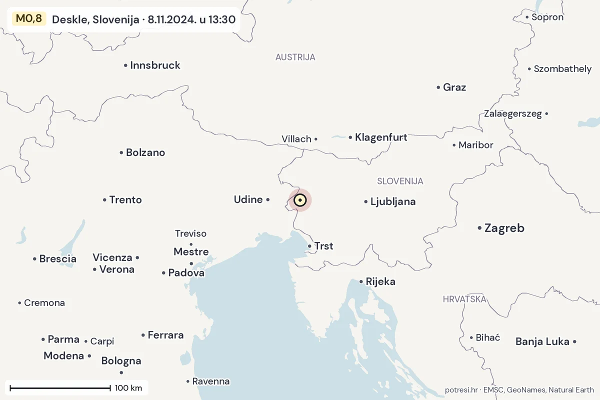 Karta: šire područje, 600 km, potres M0,8, Deskle, Slovenija, 8.11.2024.