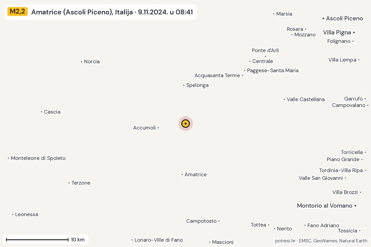 Karta: okolica epicentra, 60 km, potres M2,2, Amatrice (Ascoli Piceno), Italija, 9.11.2024.