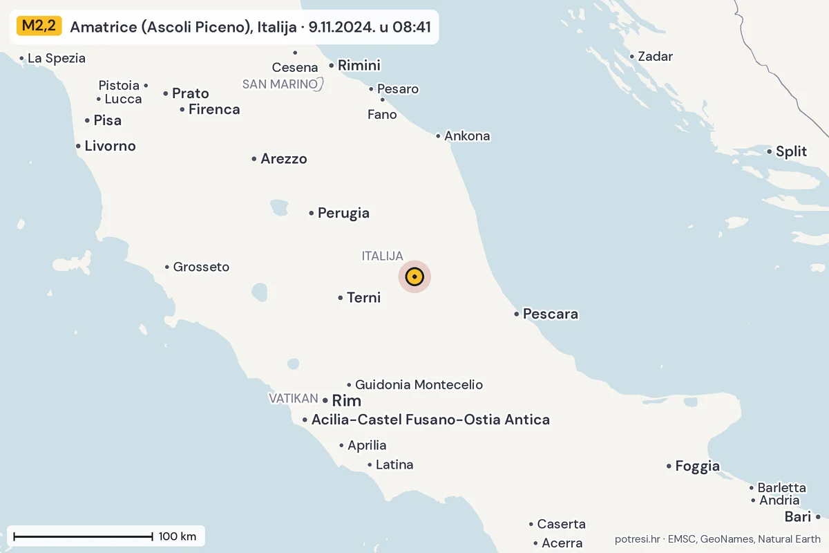 Karta: šire područje, 600 km, potres M2,2, Amatrice (Ascoli Piceno), Italija, 9.11.2024.