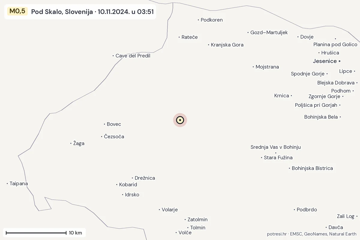 Karta: okolica epicentra, 60 km, potres M0,5, Pod Skalo, Slovenija, 10.11.2024.