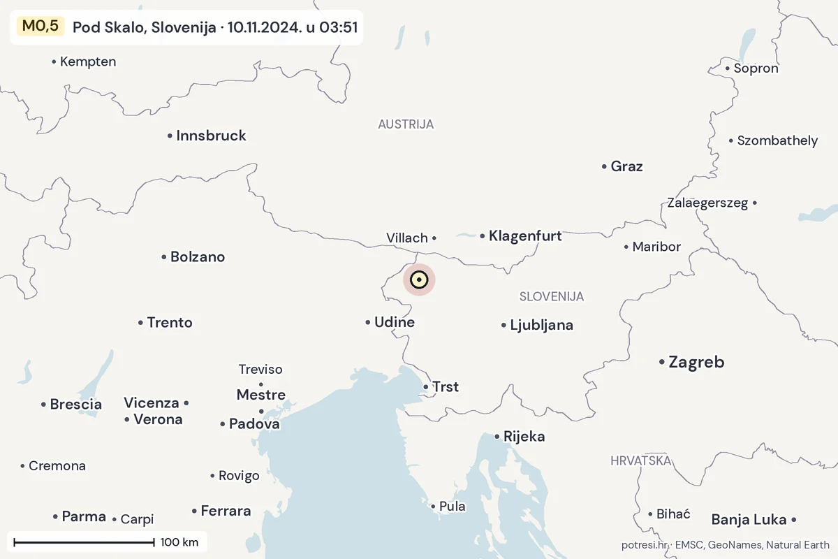 Karta: šire područje, 600 km, potres M0,5, Pod Skalo, Slovenija, 10.11.2024.
