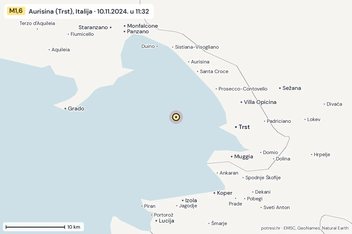 Karta: okolica epicentra, 60 km, potres M1,6, Aurisina (Trst), Italija, 10.11.2024.