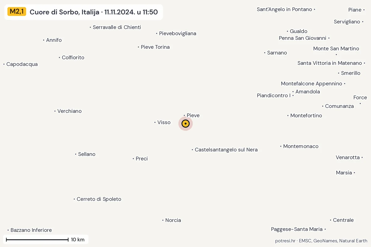 Karta: okolica epicentra, 60 km, potres M2,1, Cuore di Sorbo, Italija, 11.11.2024.