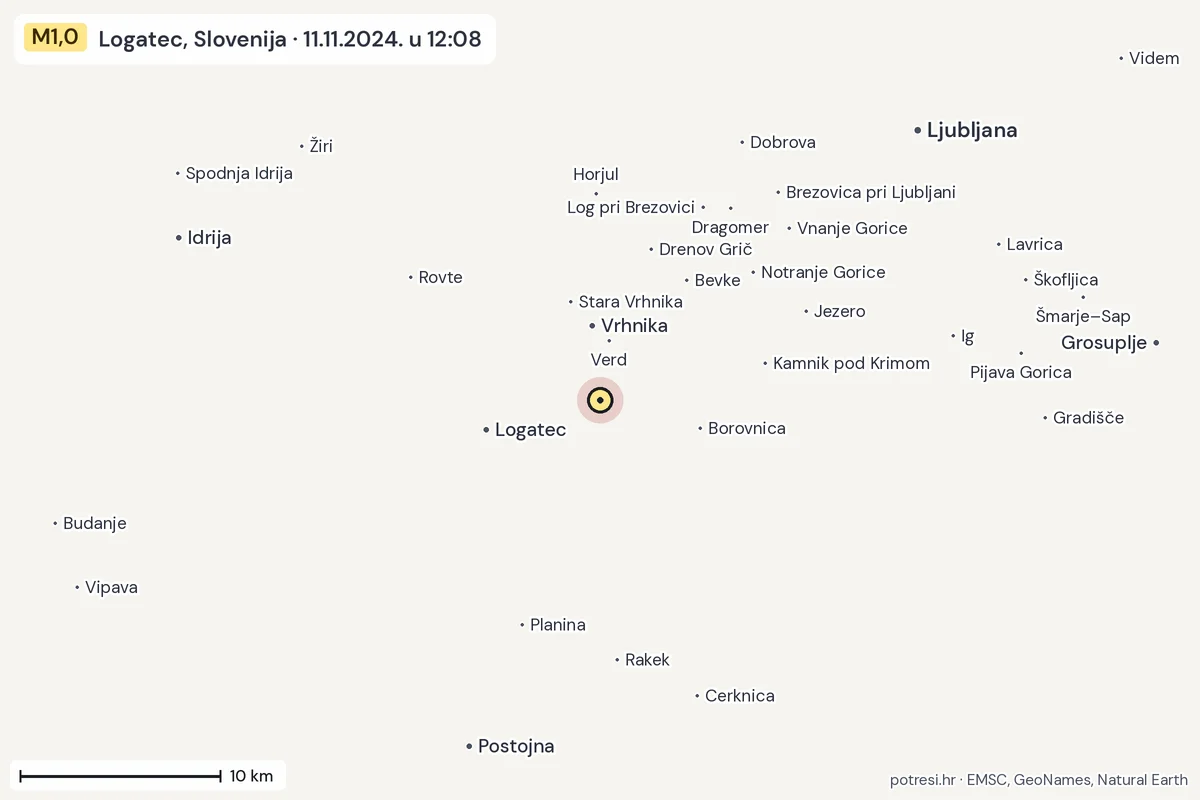 Karta: okolica epicentra, 60 km, potres M1,0, Logatec, Slovenija, 11.11.2024.