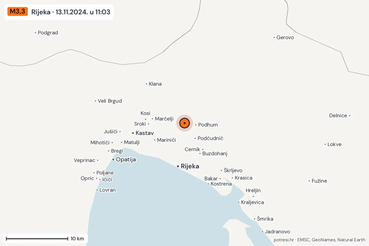 Karta: okolica epicentra, 60 km, potres M3,3, Rijeka, 13.11.2024.