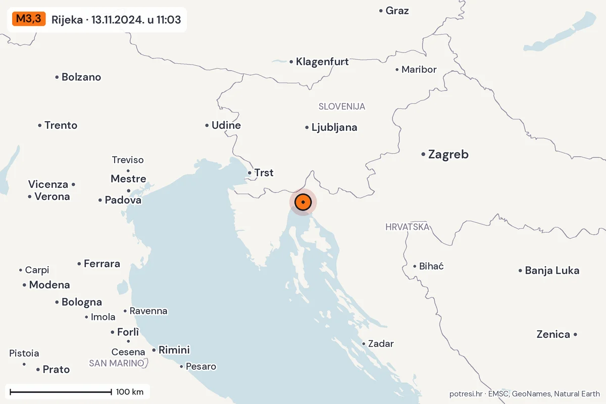 Karta: šire područje, 600 km, potres M3,3, Rijeka, 13.11.2024.