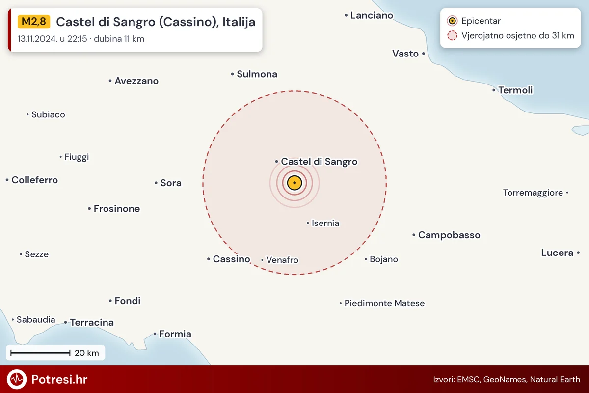 Karta: šire područje i vjerojatni doseg osjeta, potres M2,8, Castel di Sangro (Cassino), Italija, 13.11.2024.