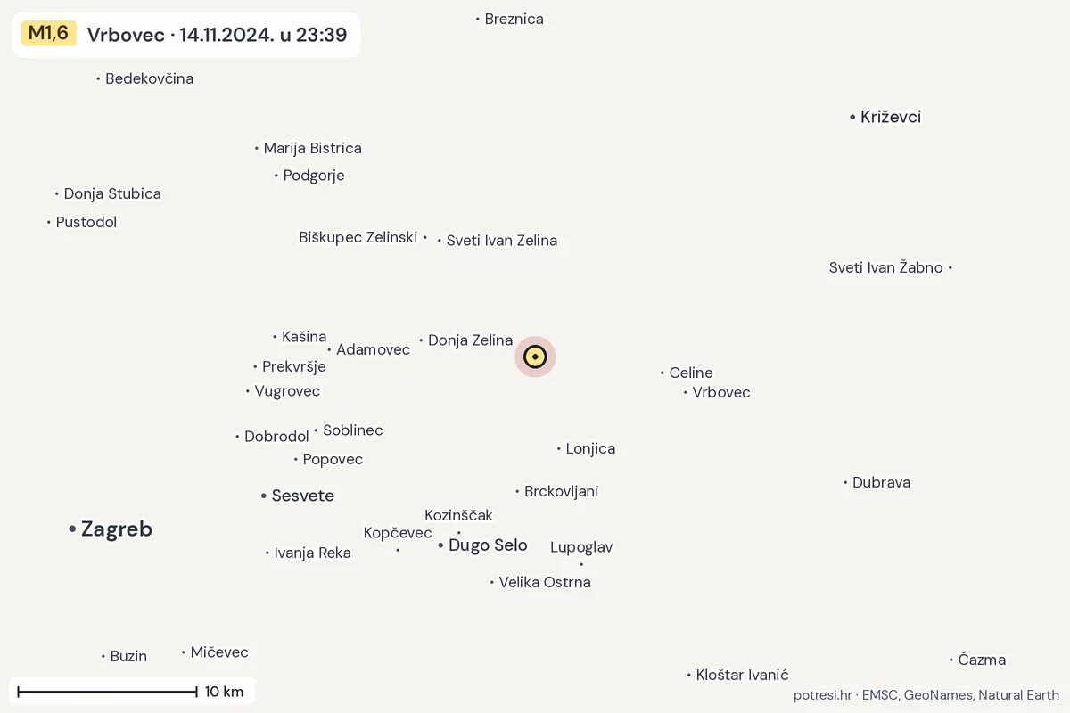 Karta: okolica epicentra, 60 km, potres M1,6, Vrbovec, 14.11.2024.