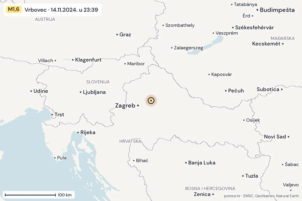 Karta: šire područje, 600 km, potres M1,6, Vrbovec, 14.11.2024.