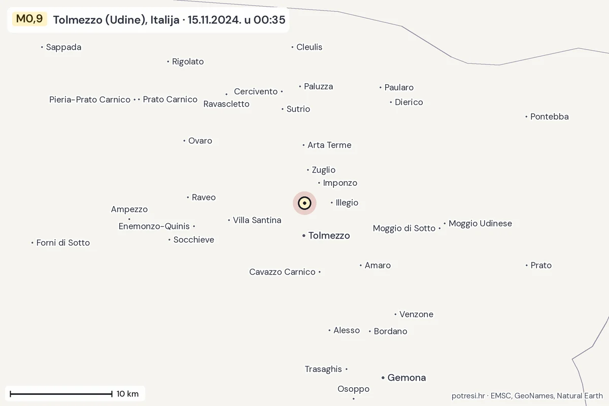 Karta: okolica epicentra, 60 km, potres M0,9, Tolmezzo (Udine), Italija, 15.11.2024.