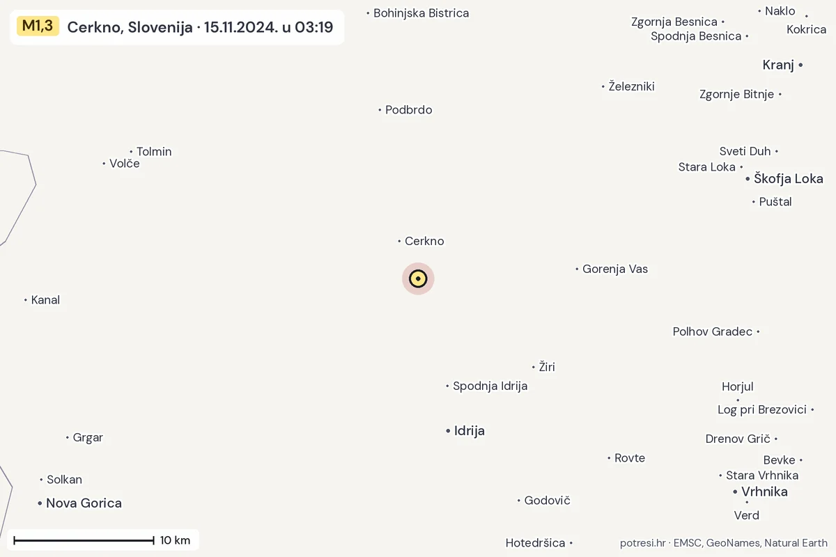 Karta: okolica epicentra, 60 km, potres M1,3, Cerkno, Slovenija, 15.11.2024.
