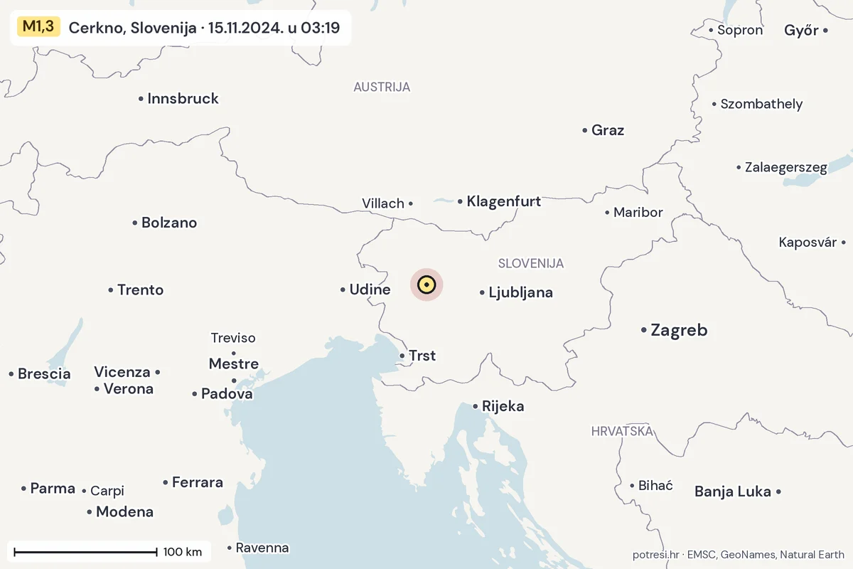 Karta: šire područje, 600 km, potres M1,3, Cerkno, Slovenija, 15.11.2024.