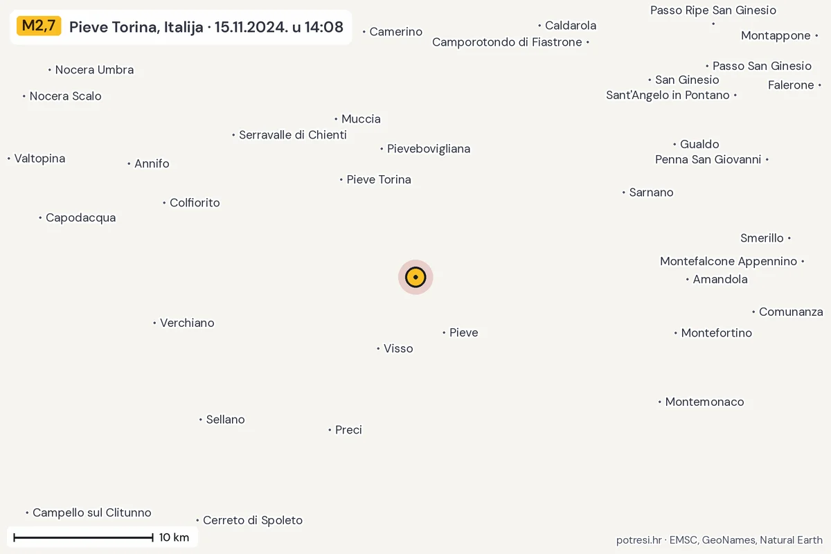 Karta: okolica epicentra, 60 km, potres M2,7, Pieve Torina, Italija, 15.11.2024.