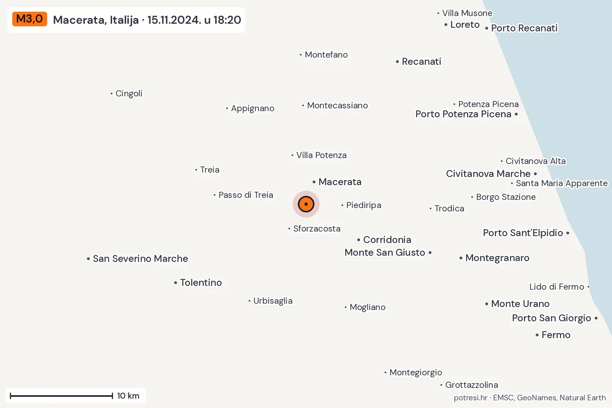 Karta: okolica epicentra, 60 km, potres M3,0, Macerata, Italija, 15.11.2024.