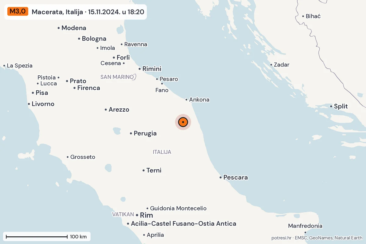 Karta: šire područje, 600 km, potres M3,0, Macerata, Italija, 15.11.2024.