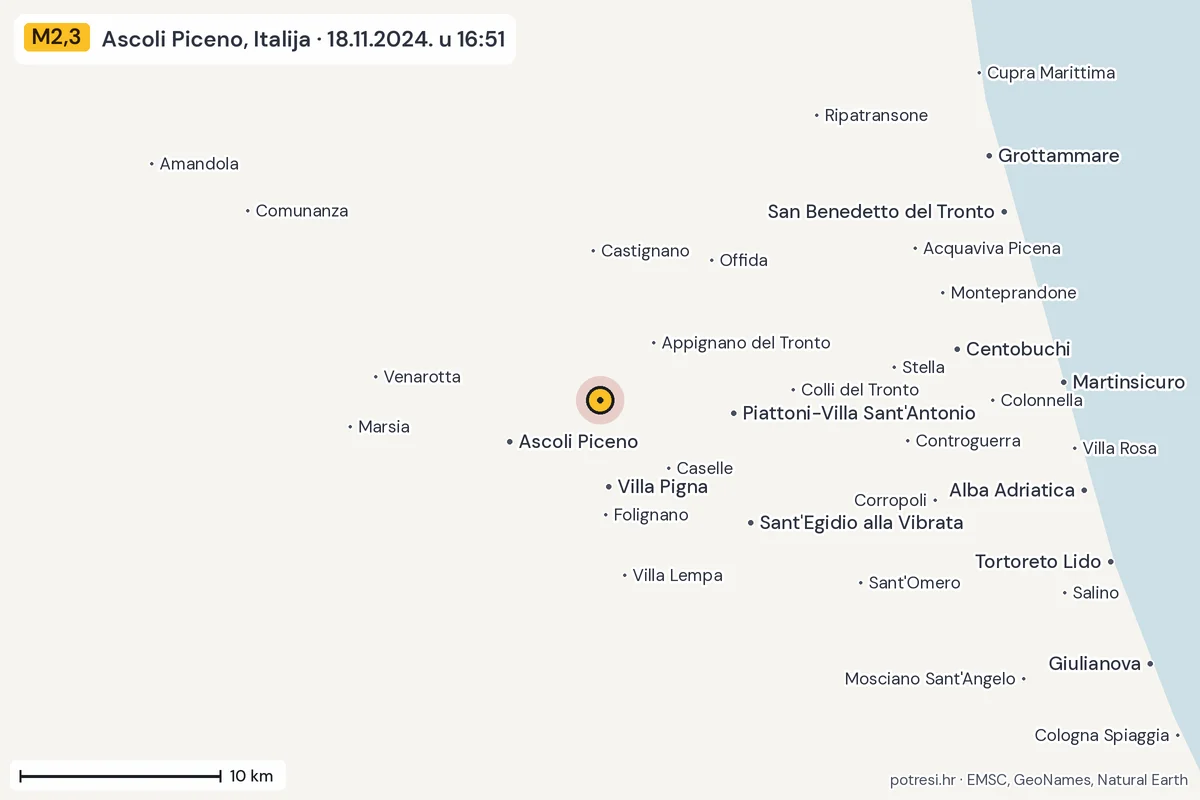 Karta: okolica epicentra, 60 km, potres M2,3, Ascoli Piceno, Italija, 18.11.2024.