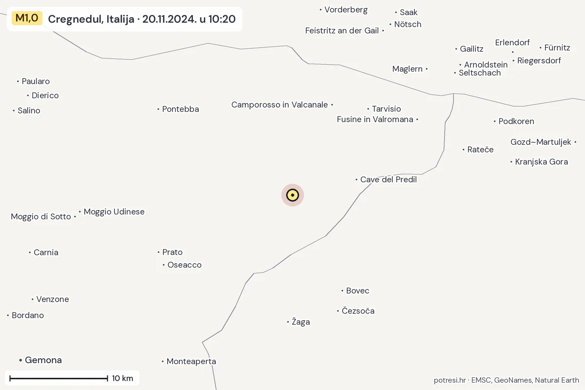 Karta: okolica epicentra, 60 km, potres M1,0, Cregnedul, Italija, 20.11.2024.