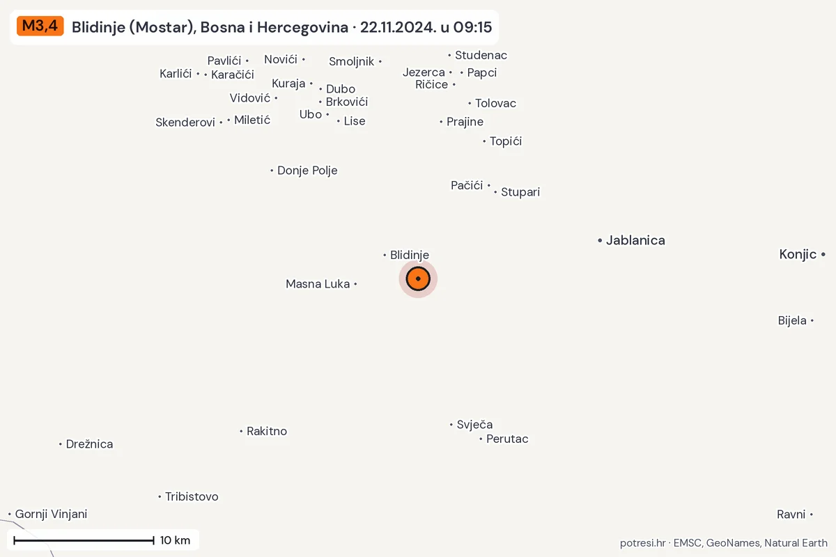 Karta: okolica epicentra, 60 km, potres M3,4, Blidinje (Mostar), Bosna i Hercegovina, 22.11.2024.