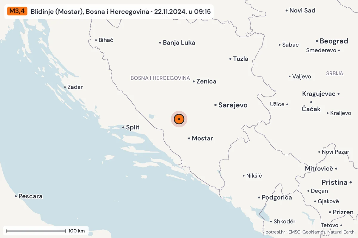 Karta: šire područje, 600 km, potres M3,4, Blidinje (Mostar), Bosna i Hercegovina, 22.11.2024.