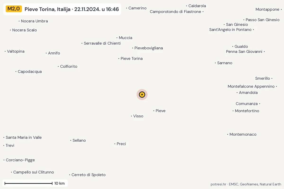 Karta: okolica epicentra, 60 km, potres M2,0, Pieve Torina, Italija, 22.11.2024.