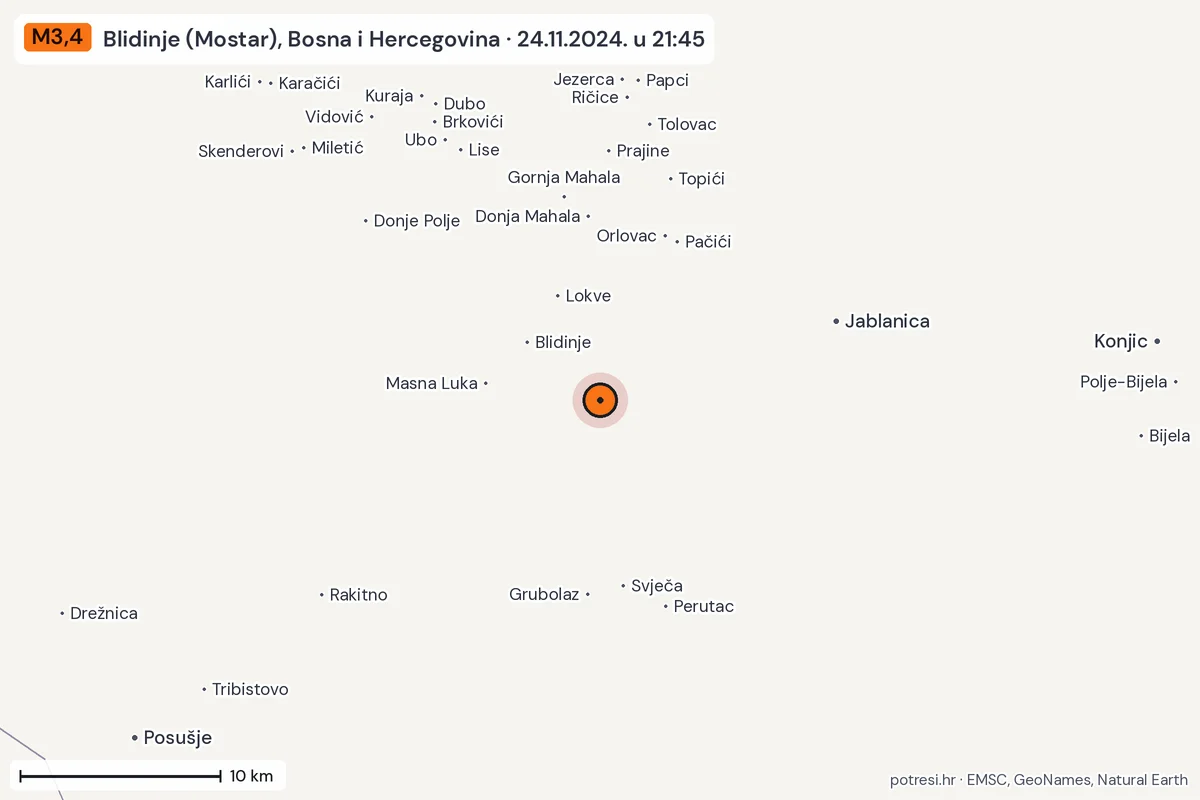 Karta: okolica epicentra, 60 km, potres M3,4, Blidinje (Mostar), Bosna i Hercegovina, 24.11.2024.