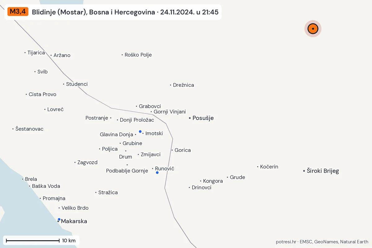 Karta: izvješća građana, potres M3,4, Blidinje (Mostar), Bosna i Hercegovina, 24.11.2024.