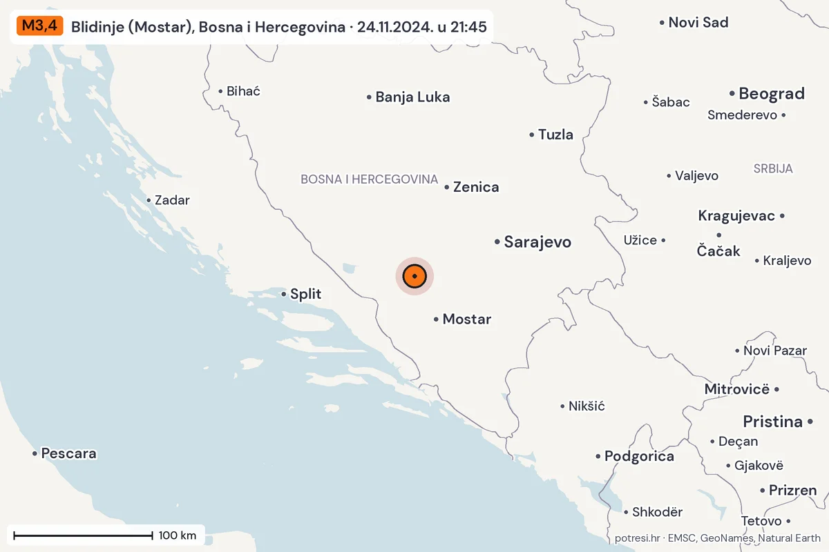 Karta: šire područje, 600 km, potres M3,4, Blidinje (Mostar), Bosna i Hercegovina, 24.11.2024.