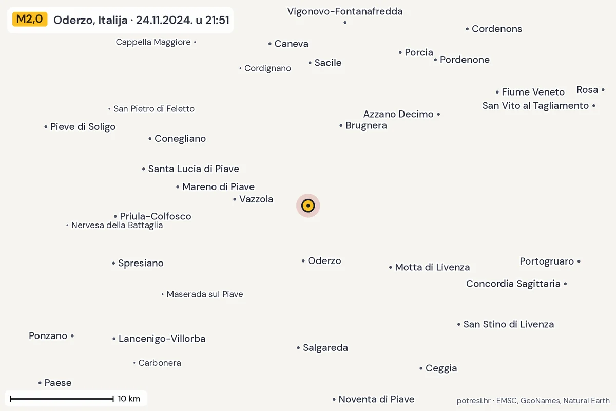 Karta: okolica epicentra, 60 km, potres M2,0, Oderzo, Italija, 24.11.2024.