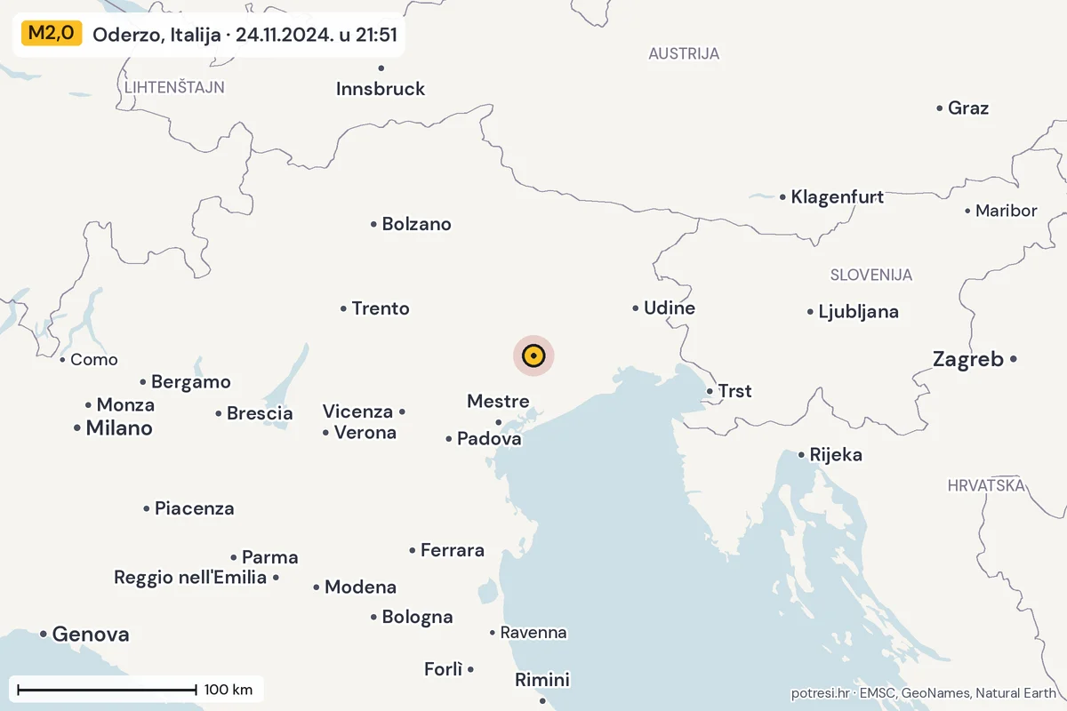 Karta: šire područje, 600 km, potres M2,0, Oderzo, Italija, 24.11.2024.
