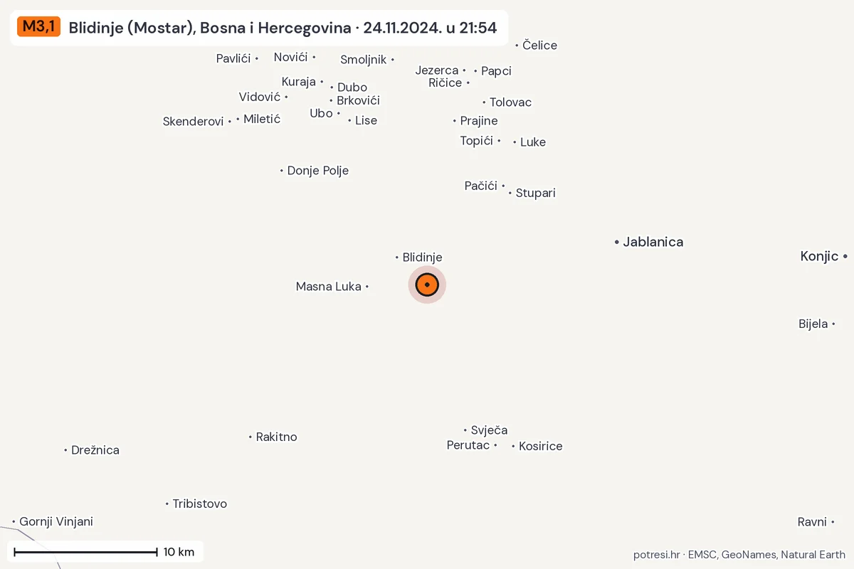 Karta: okolica epicentra, 60 km, potres M3,1, Blidinje (Mostar), Bosna i Hercegovina, 24.11.2024.
