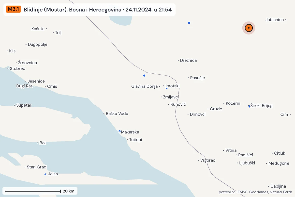 Karta: izvješća građana, potres M3,1, Blidinje (Mostar), Bosna i Hercegovina, 24.11.2024.